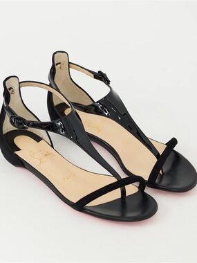 $649 Christian Louboutin Athena Black Patent Leather Suede T-Strap Flats Sandals